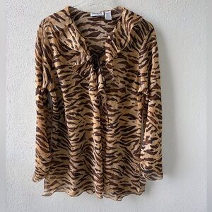 Unique Spectrum 2X Animal Print Long Sleeve Sheer Blouse Tie V-Neck Ruffle Front
